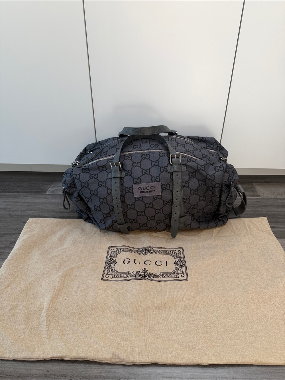 Gucci Gray Black GG Canvas Boston Bag